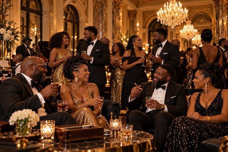 An elegant black-and-gold ballroom celebration