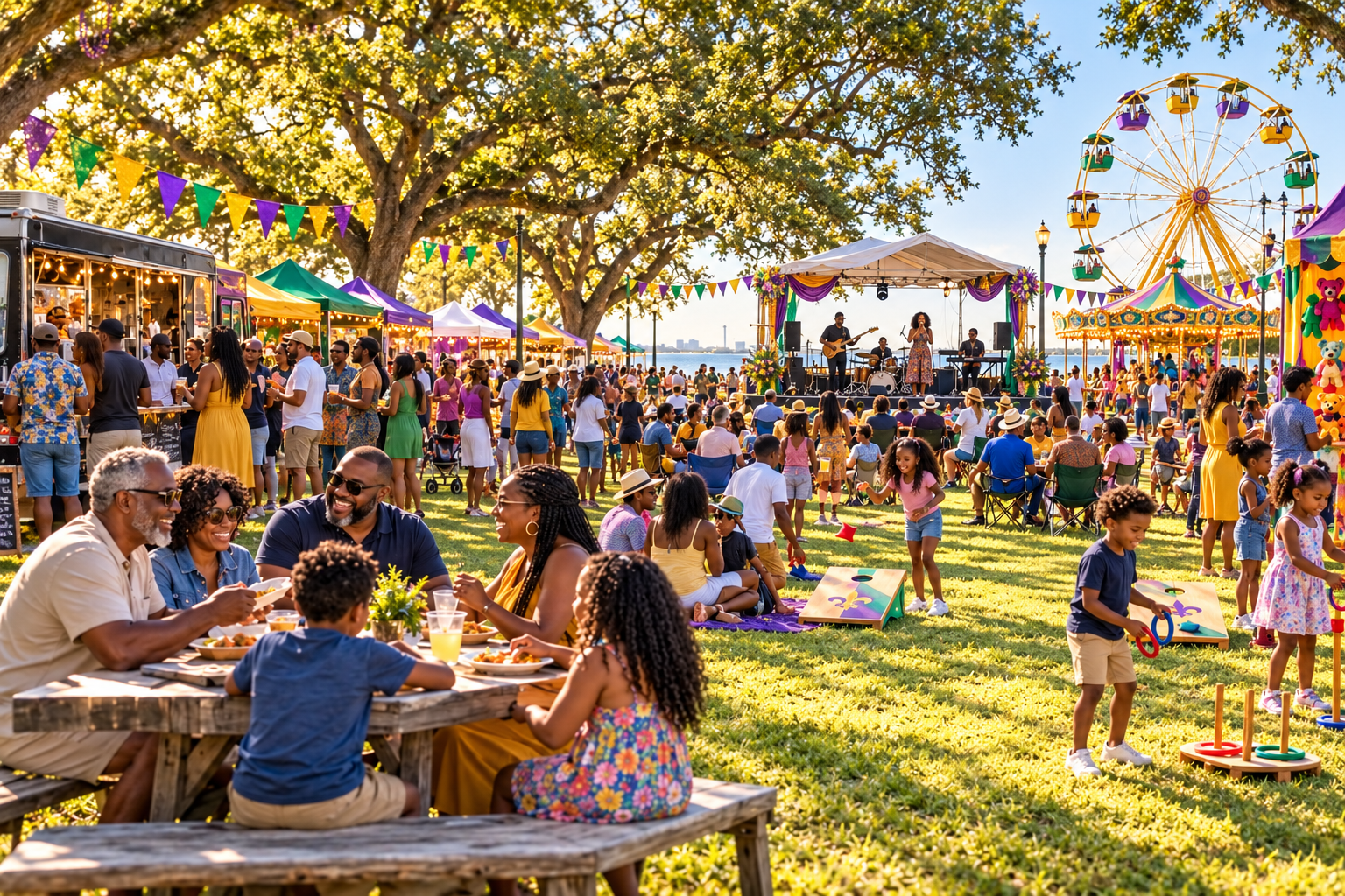 Families enjoying food trucks, kids’ games, and live entertainment at the New Orleans Lakefront