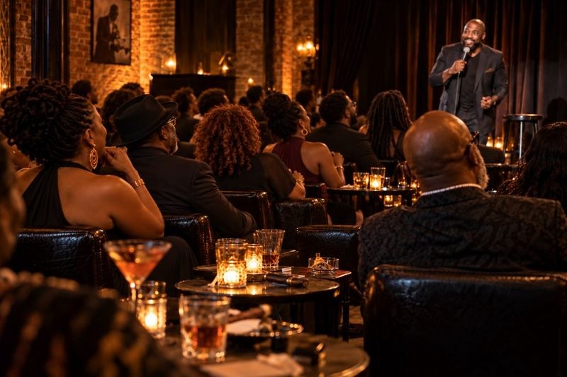 Guests enjoying a comedy show in a warm cigar lounge