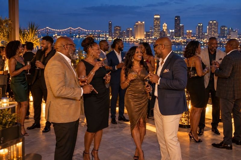 Guests in cocktail attire standing and mingling on a rooftop