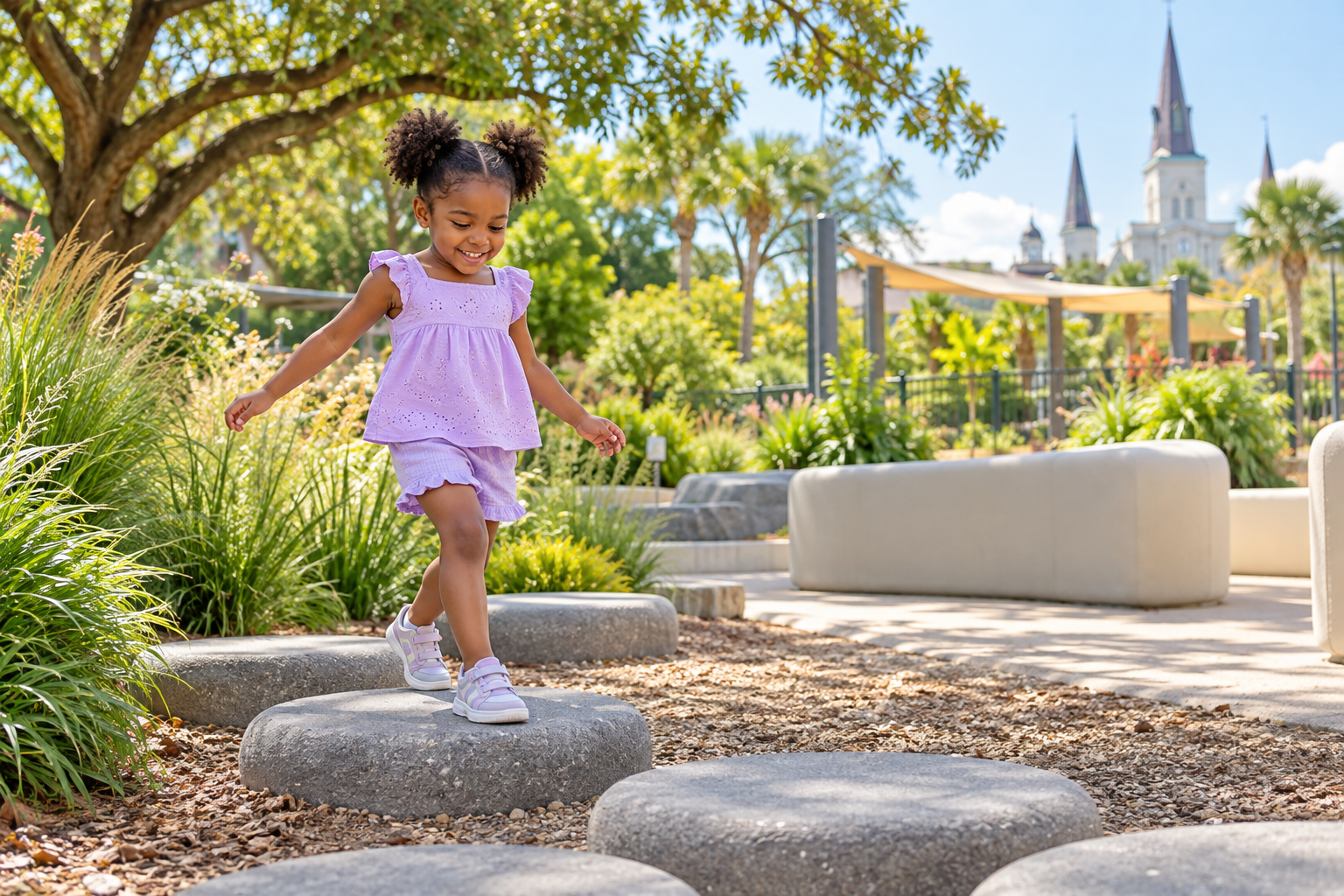 A little Black girl enjoying an outdoor children’s play garden