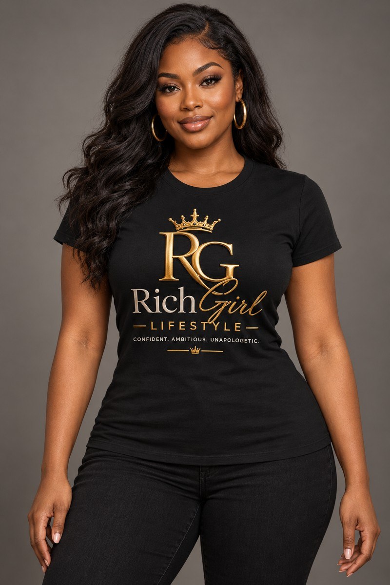 Woman modeling a black Rich Girl Lifestyle T-shirt