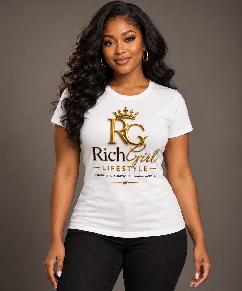 Woman modeling a white Rich Girl Lifestyle T-shirt