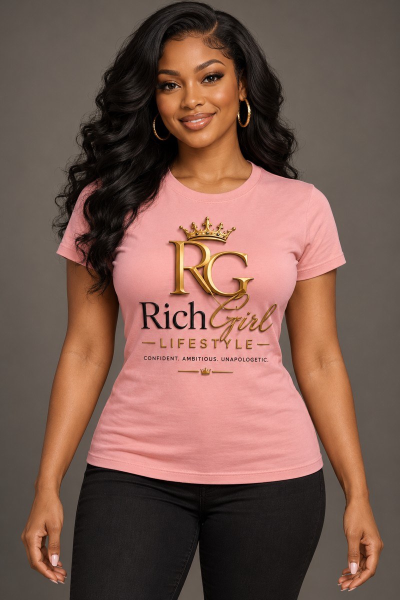 Woman modeling a pink Rich Girl Lifestyle T-shirt