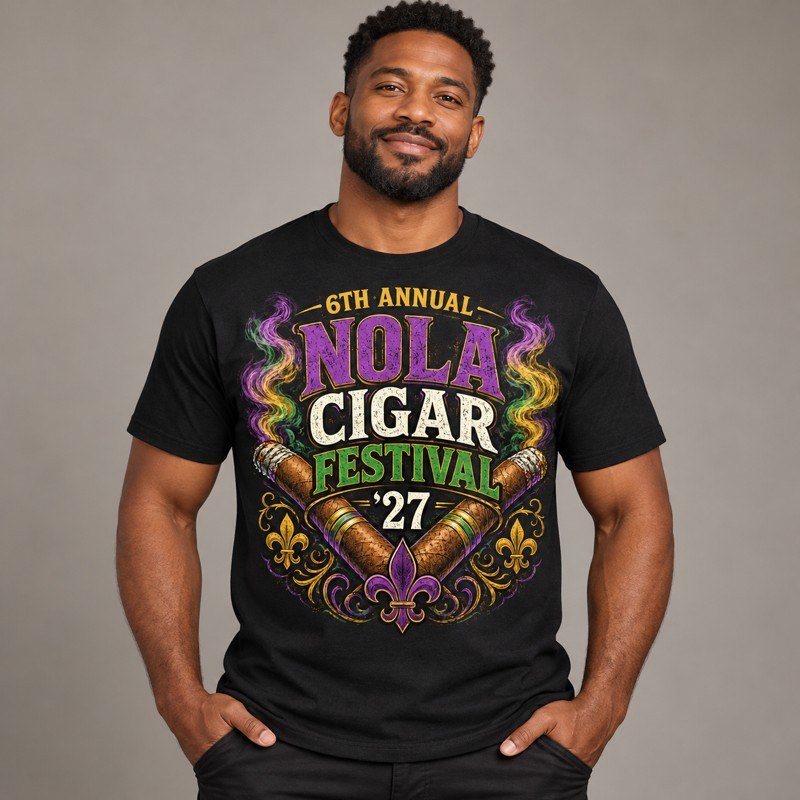 Men’s black 2027 NOLA Cigar Festival T-shirt on a model