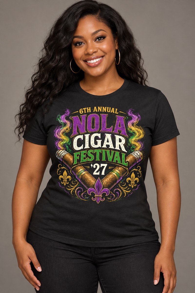 Women’s black 2027 NOLA Cigar Festival T-shirt on a model