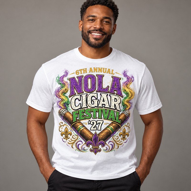 Men’s white 2027 NOLA Cigar Festival T-shirt on a model