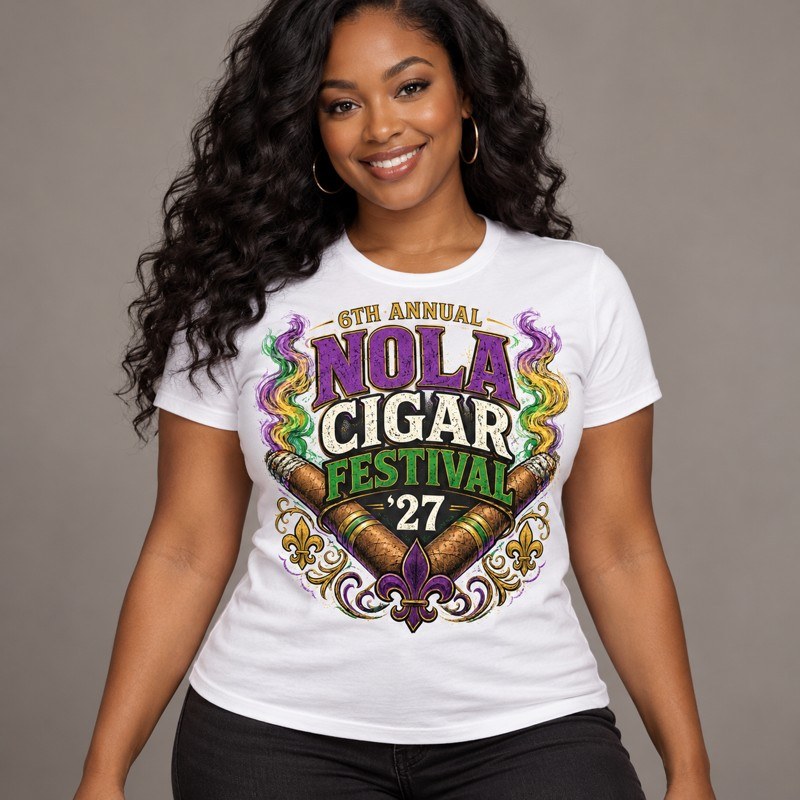 Women’s white 2027 NOLA Cigar Festival T-shirt on a model