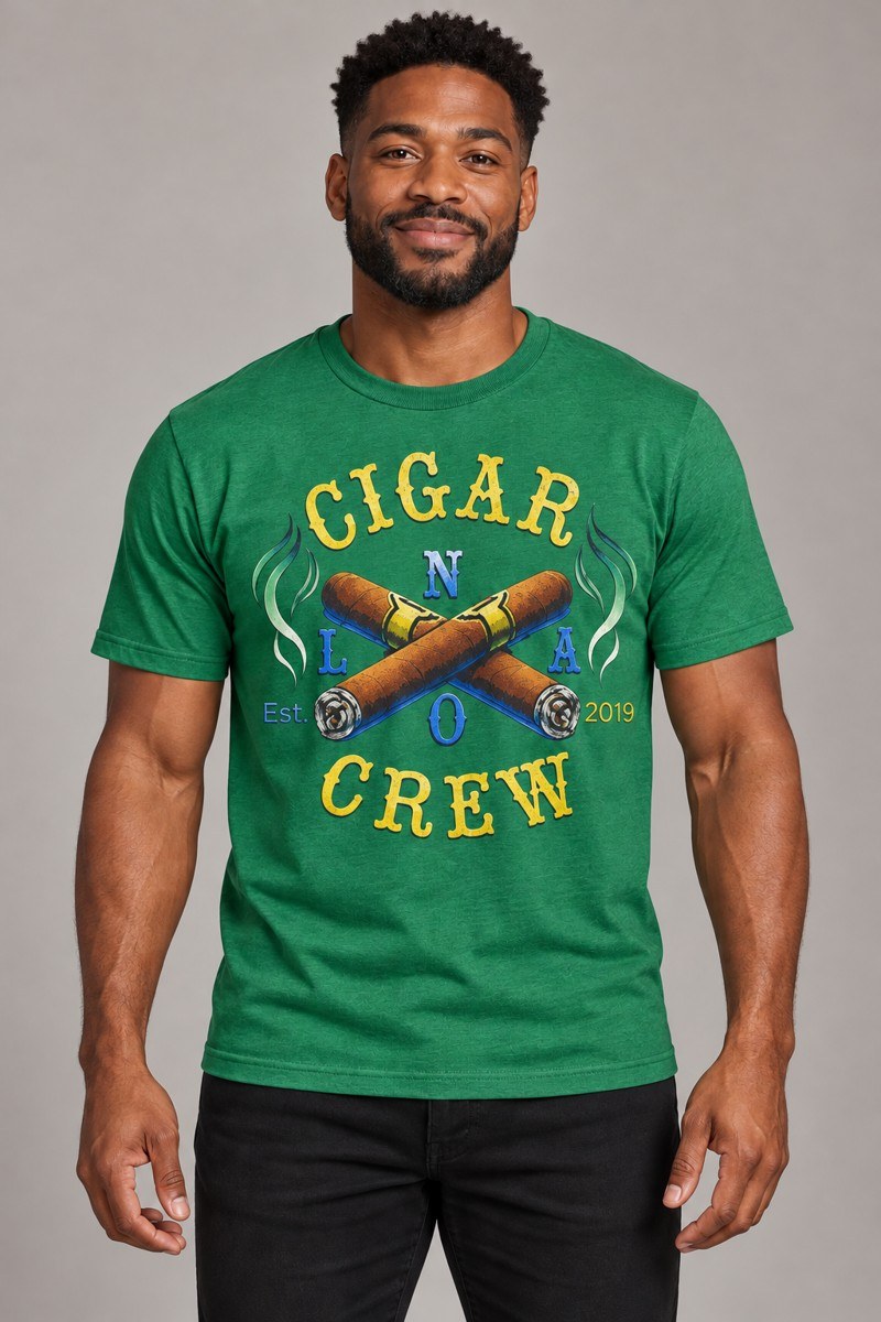 Model wearing a green Cigar Crew t-shirt