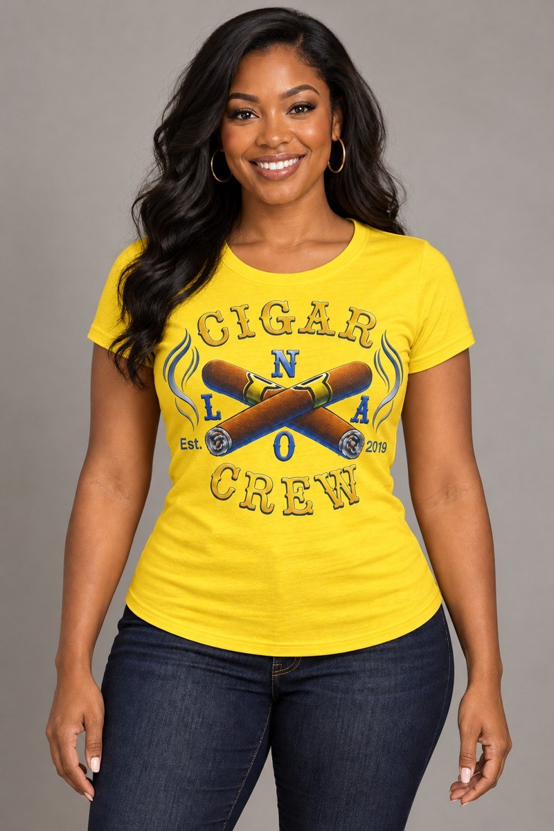 Model wearing a yellow Cigar Crew t-shirt