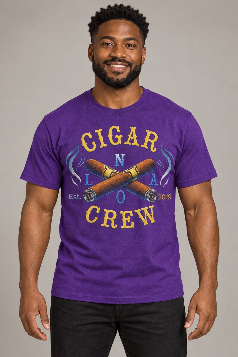 Model wearing a purple Cigar Crew t-shirt