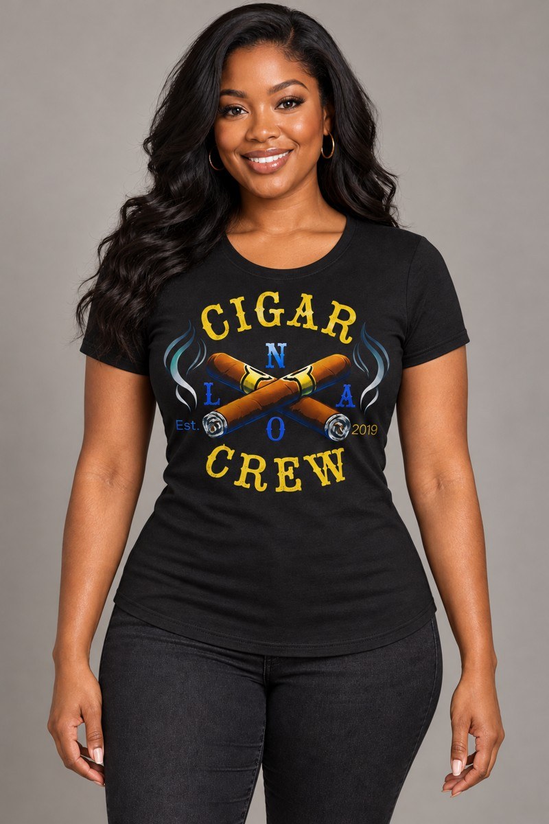Model wearing a black Cigar Crew t-shirt
