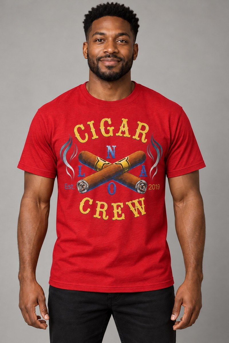 Model wearing a red Cigar Crew t-shirt