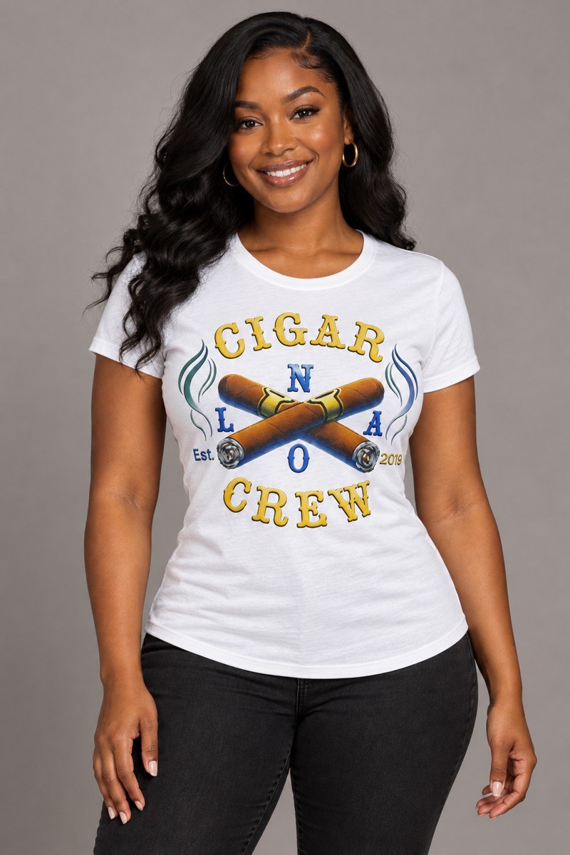 Model wearing a white Cigar Crew t-shirt
