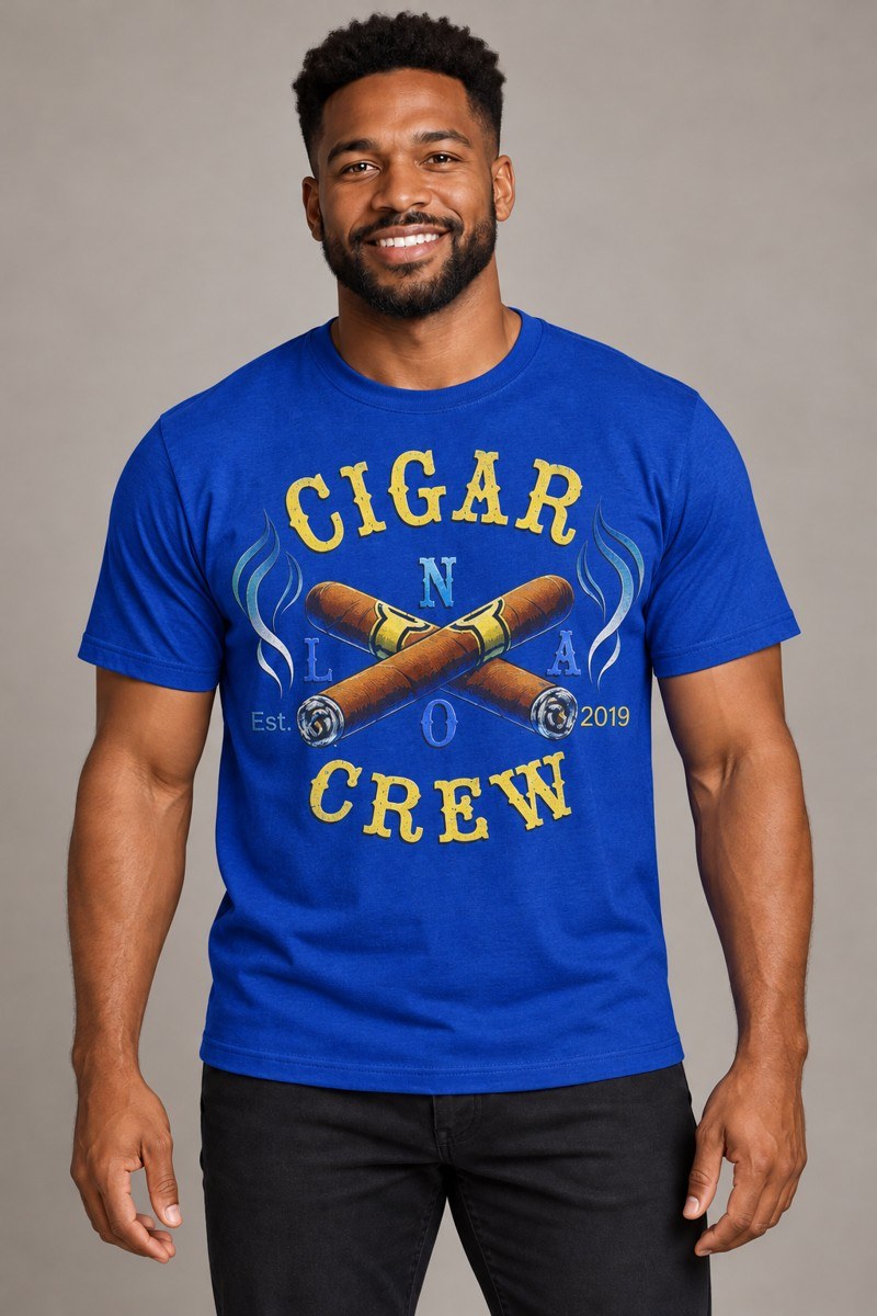Model wearing a royal blue Cigar Crew t-shirt