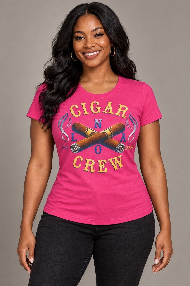 Model wearing a pink Cigar Crew t-shirt