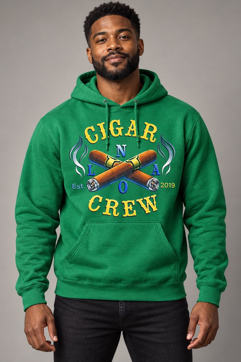 Model wearing a green Cigar Crew hoodie
