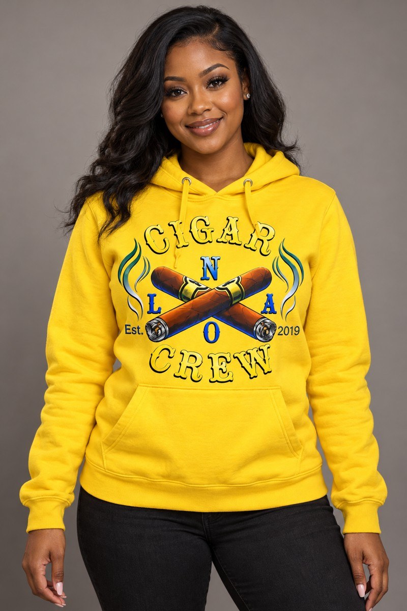 Model wearing a yellow Cigar Crew hoodie