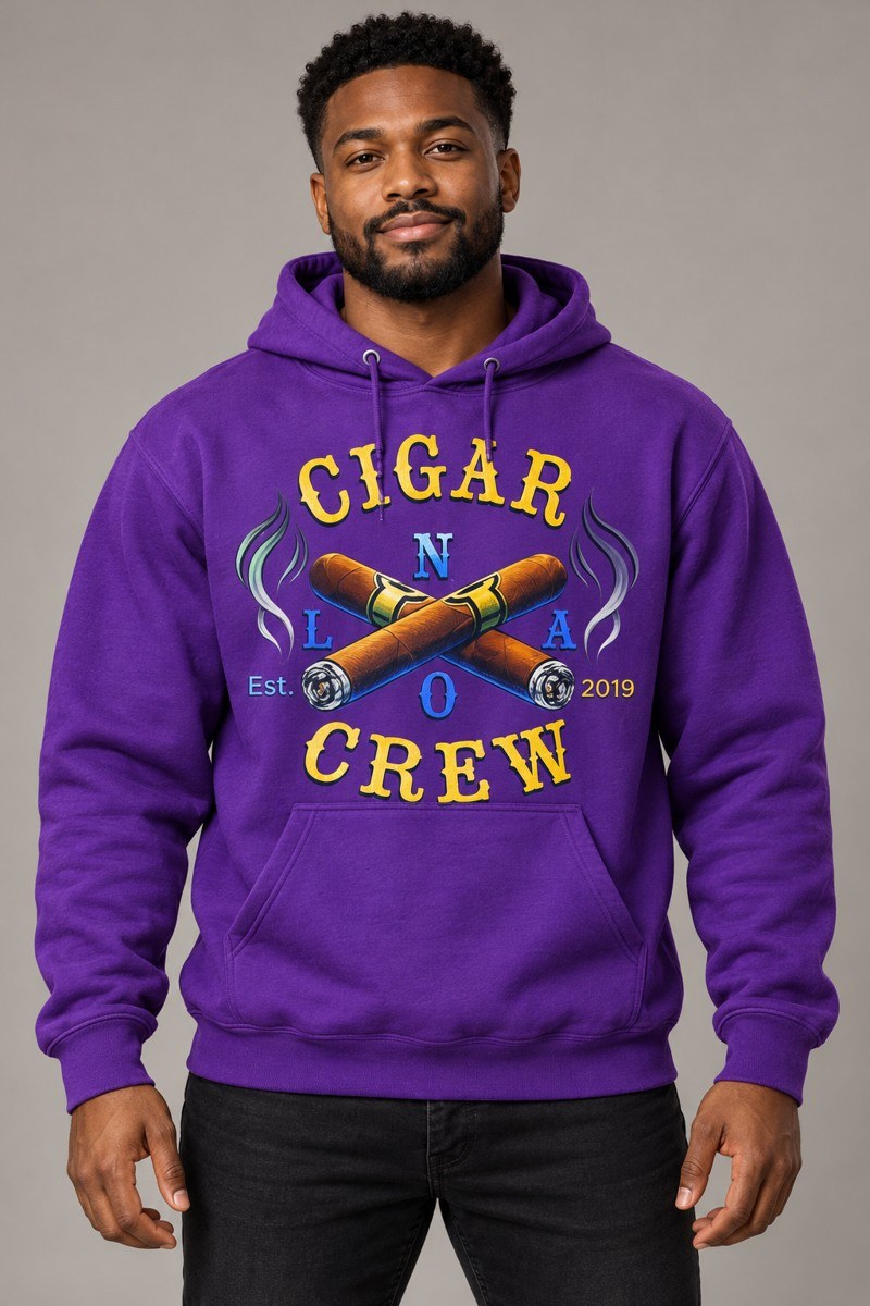 Model wearing a purple Cigar Crew hoodie
