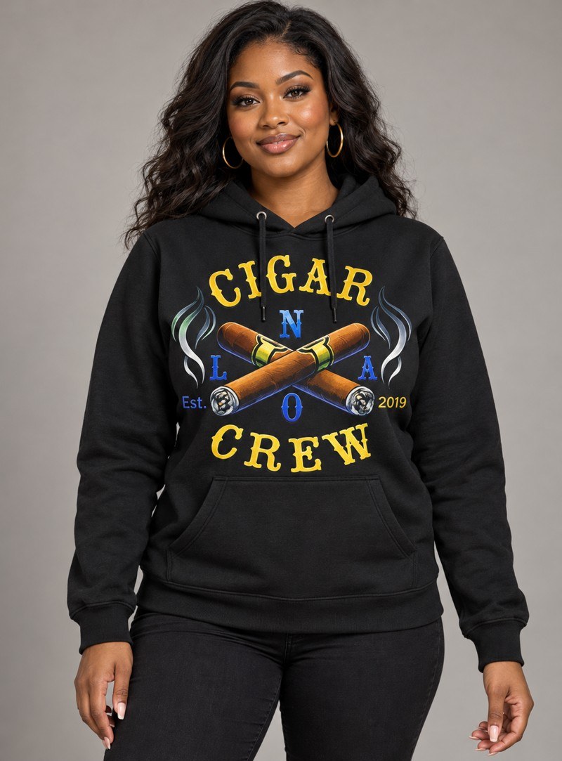 Model wearing a black Cigar Crew hoodie