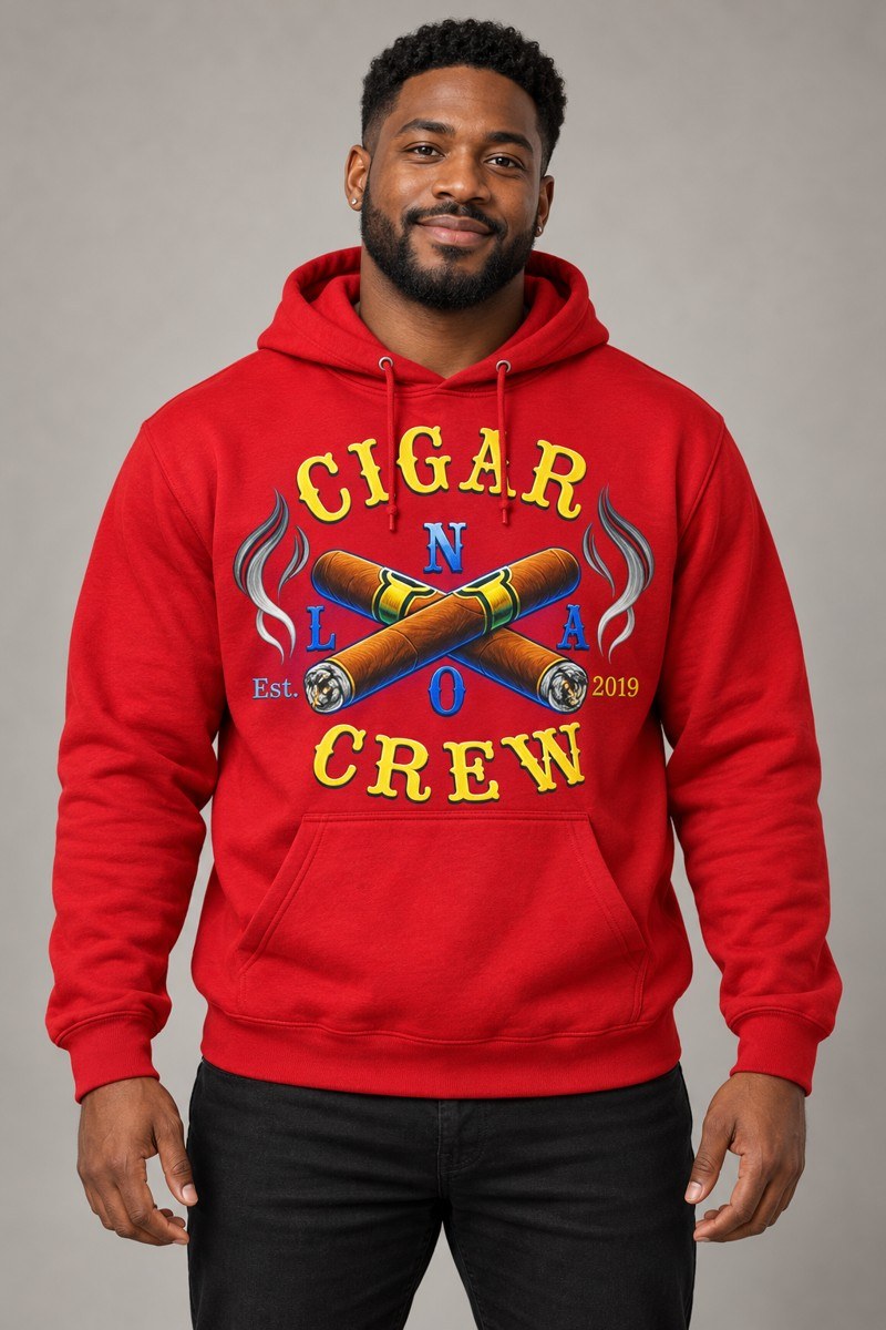 Model wearing a red Cigar Crew hoodie