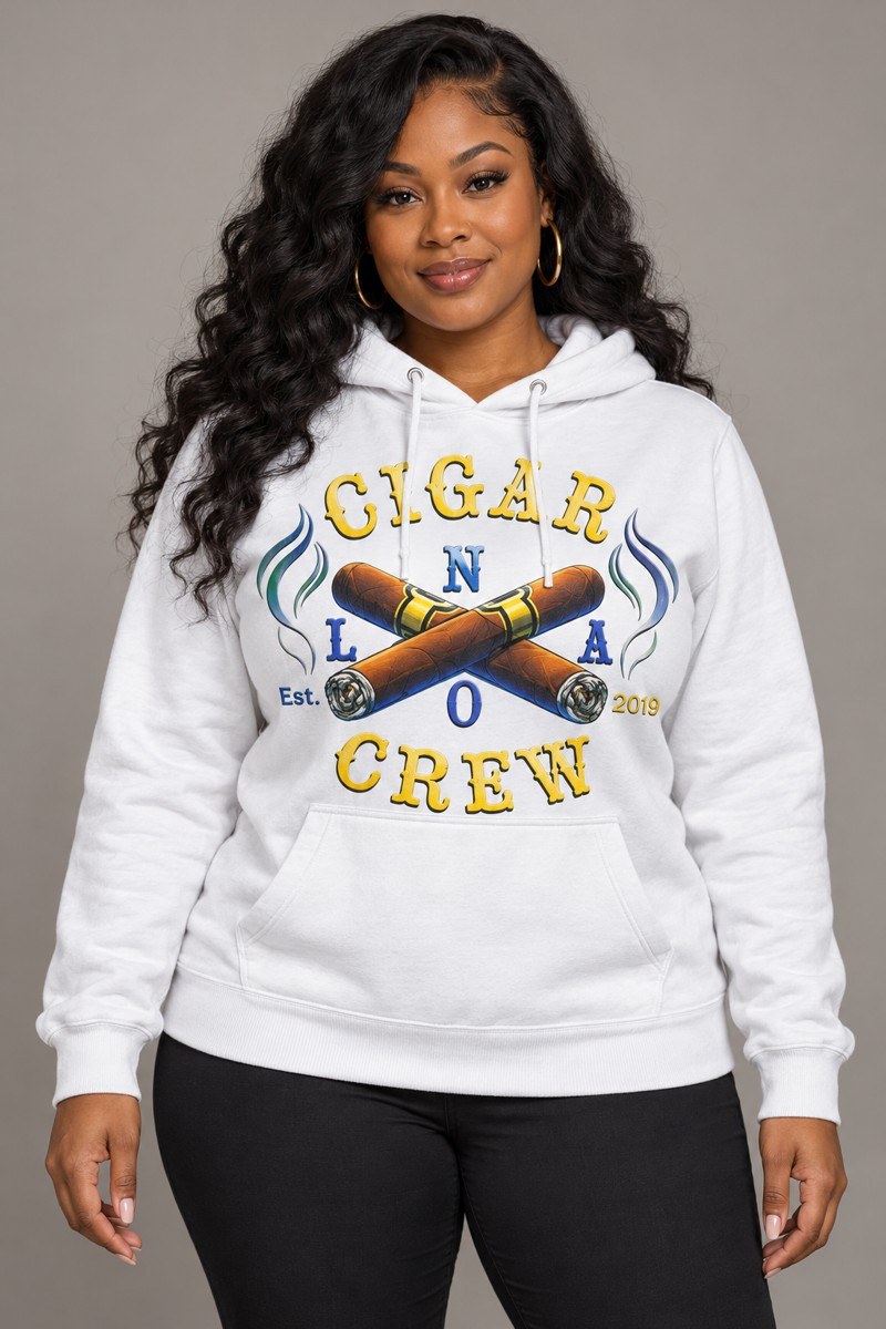 Model wearing a white Cigar Crew hoodie