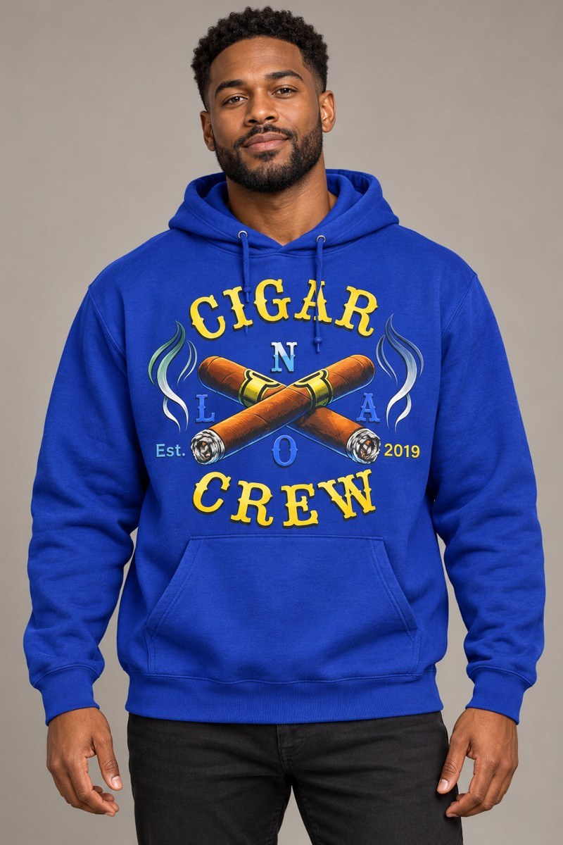 Model wearing a royal blue Cigar Crew hoodie