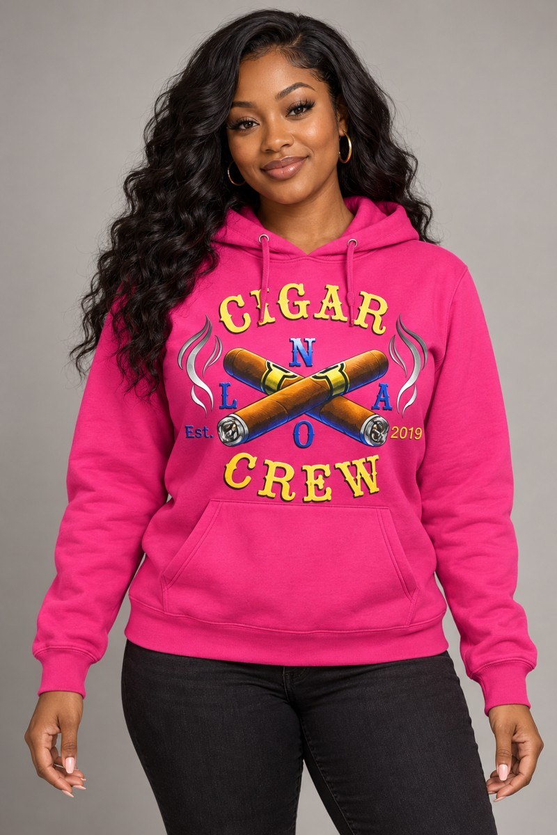 Model wearing a pink Cigar Crew hoodie