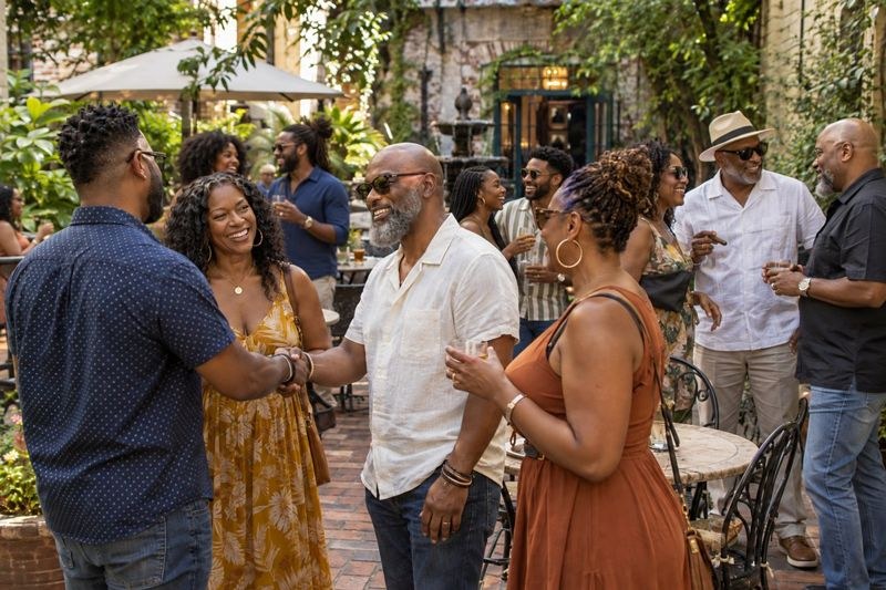 Casually dressed guests connecting in a New Orleans café courtyard